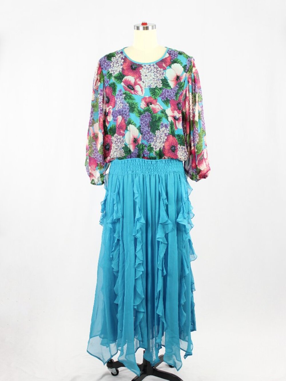 Vintage 80's DIANE FREIS Beaded Floral Turquoise Ruffle Silk Maxi Dress, Size L